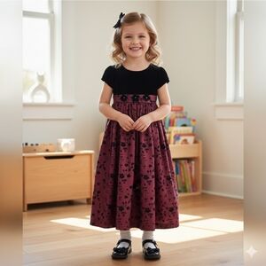 Charming Kids Dress with Black and Burgundy Floral Design